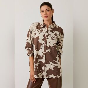 Oversized Cow Print Denim Long Sleeve Button Down Shirt - Sunday Edition